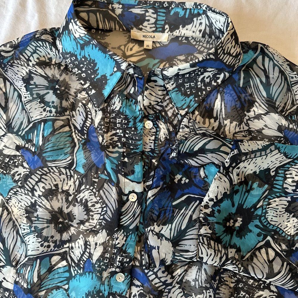 Nicola Vintage‎ Women's XL Sheer Blouse Button Down Long Sleeve Floral Ruffle